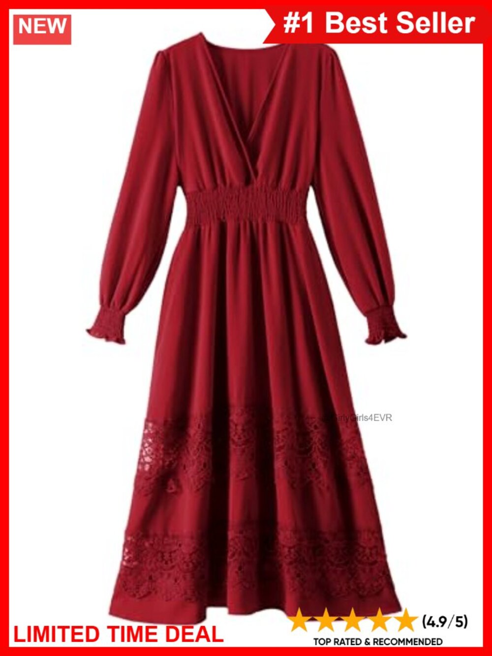 Long Sleeve Lace Boho Maxi Dress V-Neck Smocked High Waist A-Line